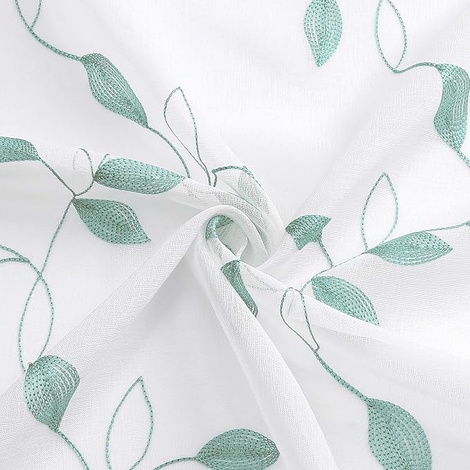 Tollpiz Teal Blue Leaf Sheer Curtain Leaves Embroidered Bedroom Curtains Rod - Image 9