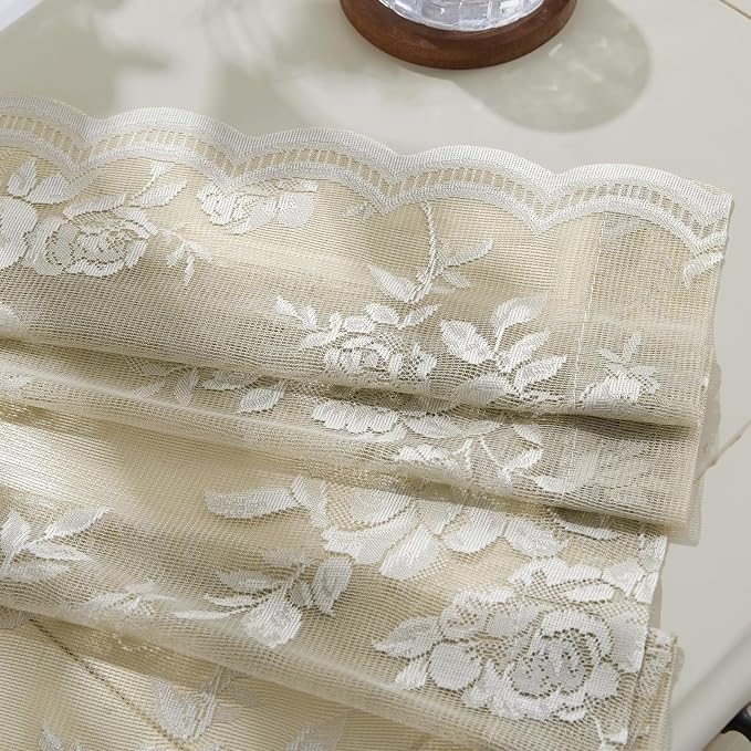 Khaki Lace Curtains 84 Inches Long 2 Panels Vintage Floral Sheer Curtains - Image 7