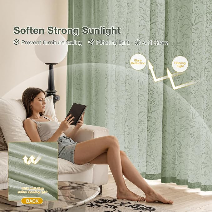 Anmao Sage Green Semi Sheer Light Filtering Curtains 72 Inches Long 2 Panels - Image 6