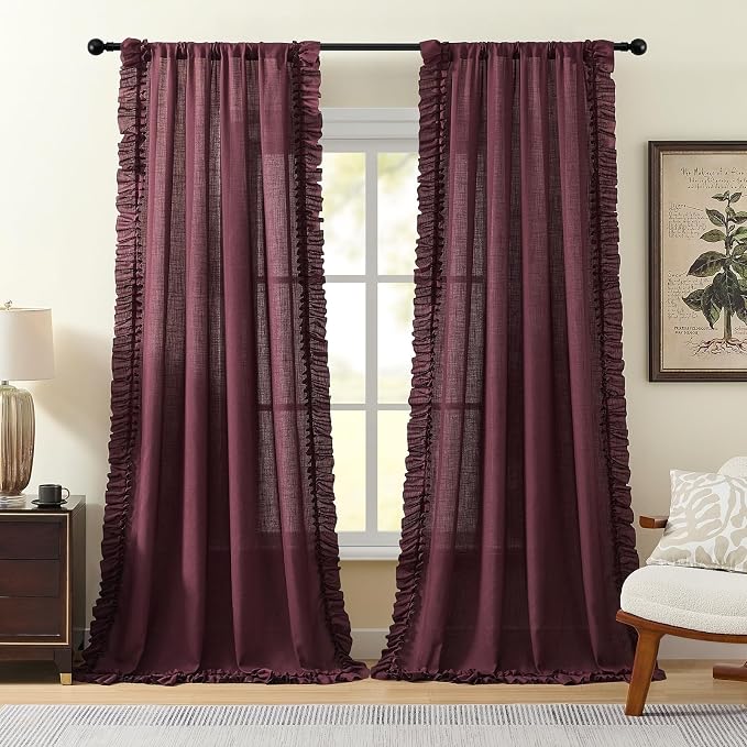 Burgundy Farmhouse Curtains for Bedroom Boho Chic 58 x 84 Inch, 2 Panels | Rod - Image 2