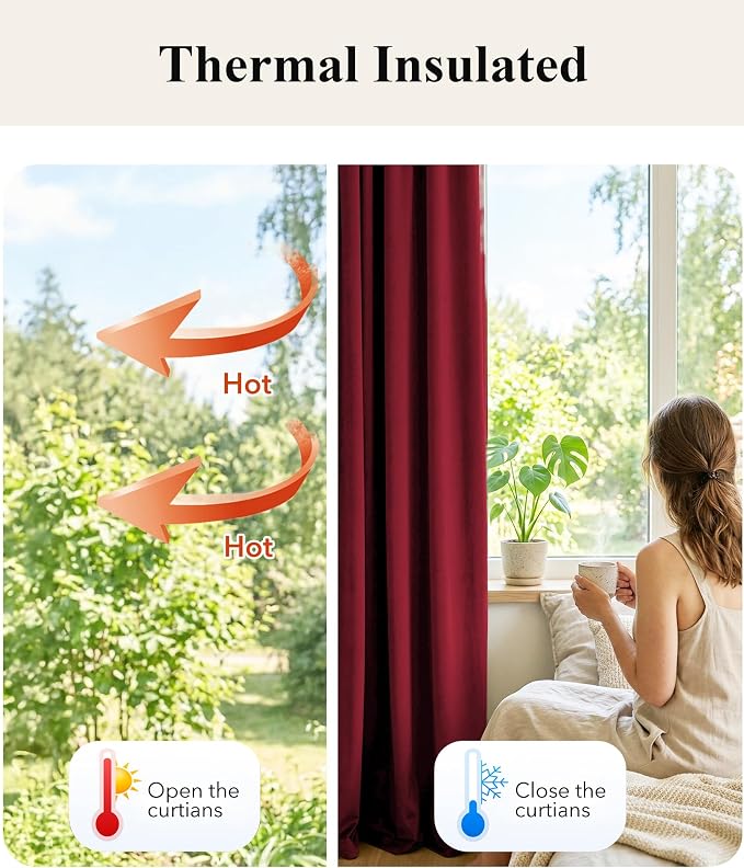 Red Velvet Curtains Extra Long for Chrismas Decor, W52 x L102, Room Darkening - Image 6