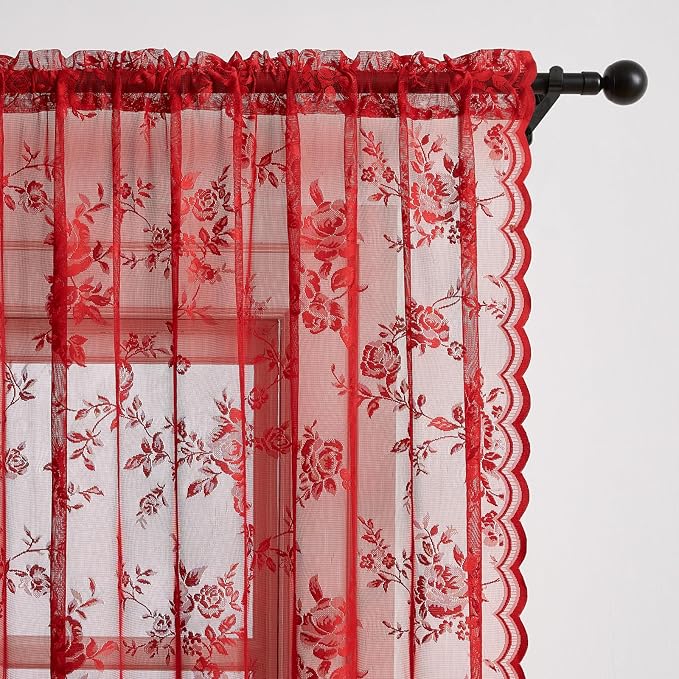 Red Lace Curtains 84 Inches Long 2 Panels - Image 4