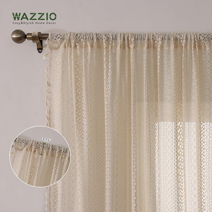 WAZZIO Boho Lace Curtains 72 Inches 2 Panel, Light Filtering Privacy Tassel & - Image 6