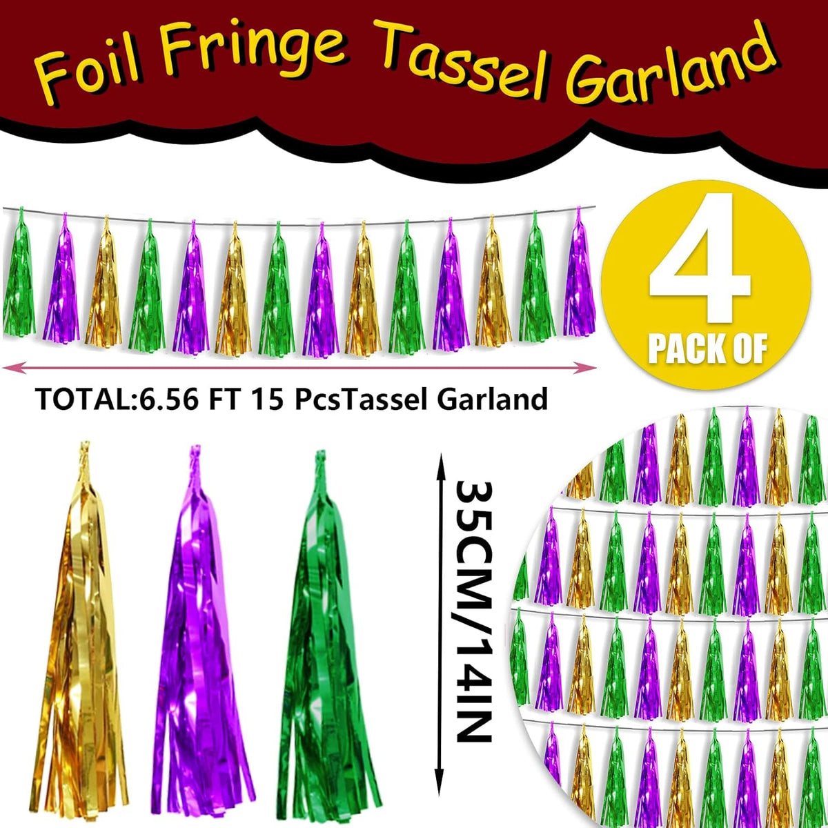 4P Gold Green Purple Foil Fringe Tassel Banner Garland Metallic Tinsel Streamers Wall Hanging Curtain Backdrop Banner for Parade Floats, Graduation 2024, Carnival Mardi Gras Party Decorations