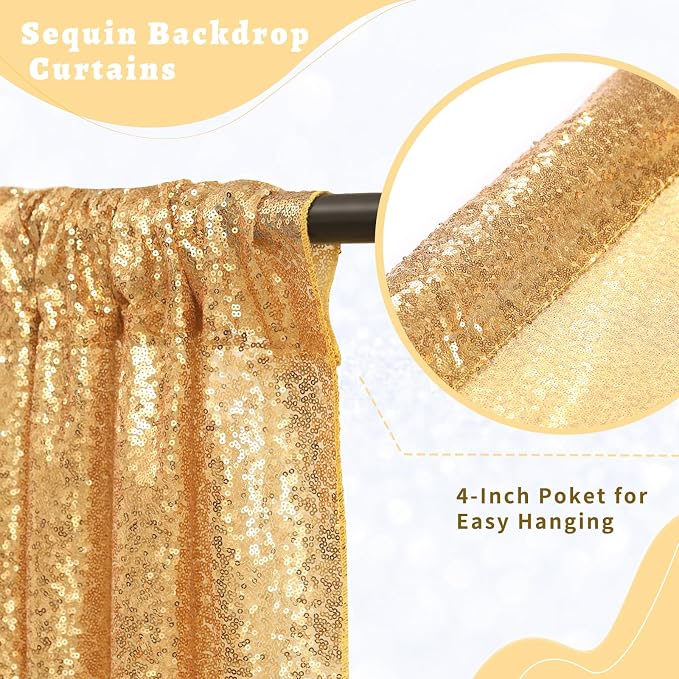 Gold Sequin Backdrop Curtains 2 Pcs 3.3ftx8ft Sparkle Backdrop Fabric | Glitter - Image 5