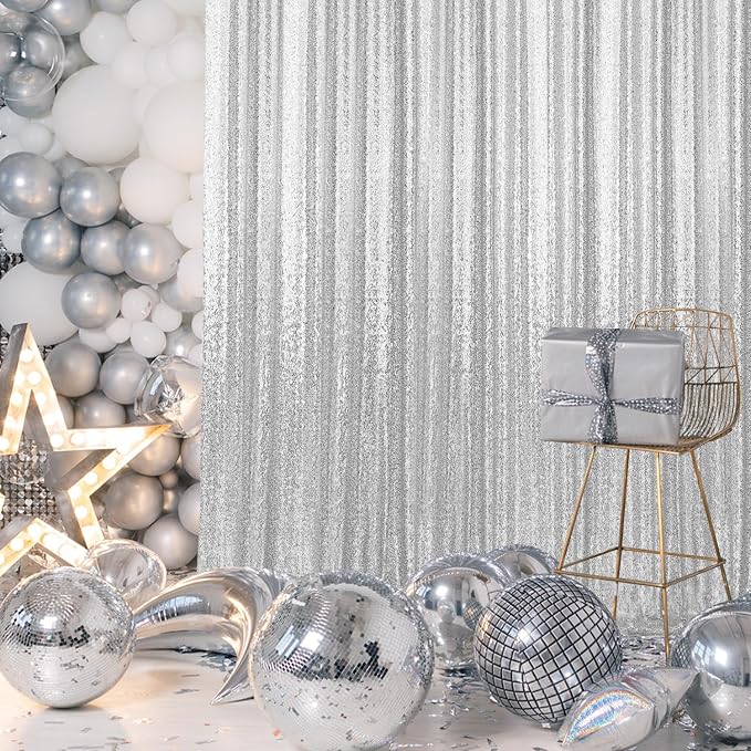 2×8FT-6PCS Silver Sequin Backdrop Curtains Panels, Photography Backdrop Glitter - Image 4
