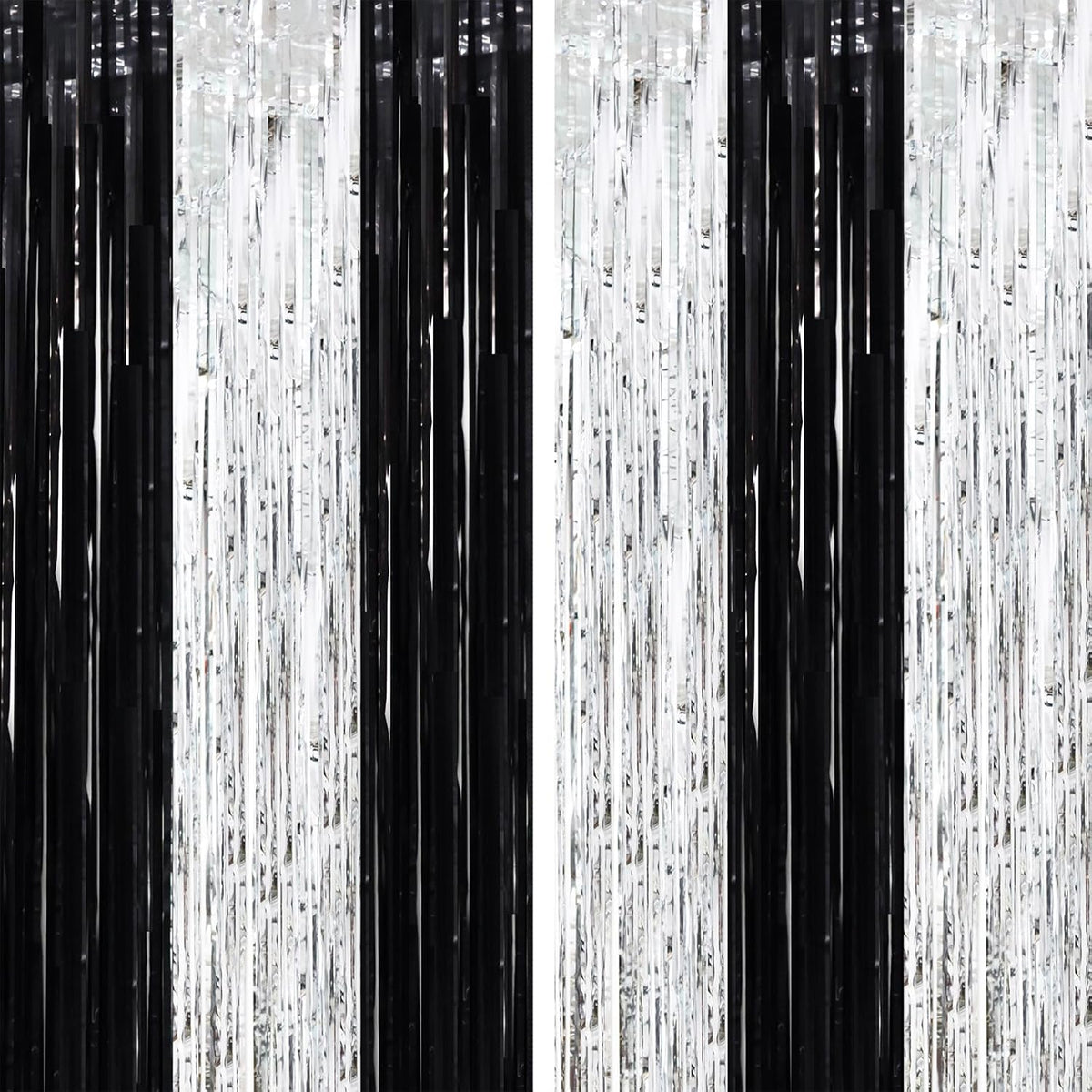 2 Pack Black and Silver Tinsel Foil Fringe Curtains, Black White Party Decorations, Metallic Tinsel Party Streamers Backdrop for New Years Birthday Christmas Graduation Decorations