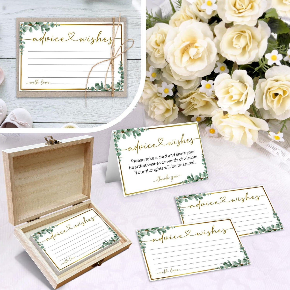 Advice and Wishes Cards Box, 50 Pcs Birthday Wedding Baby Shower Advice Cards, Well Wishes Box for Birthday Party Graduation Bridal Shower Retirement Party, Anniversary(Eucalyptus) -A06