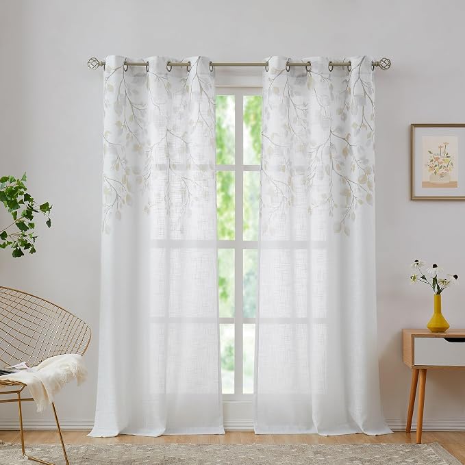 Yellow Leaf Floral Print Metallic Sheer Curtain - Image 2