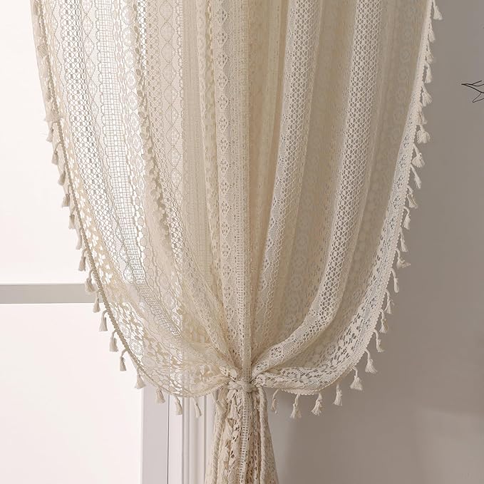 WAZZIO Boho Lace Curtains 120 Inch 2 Panel, Light Filtering Privacy Tassel & by WAZZIO