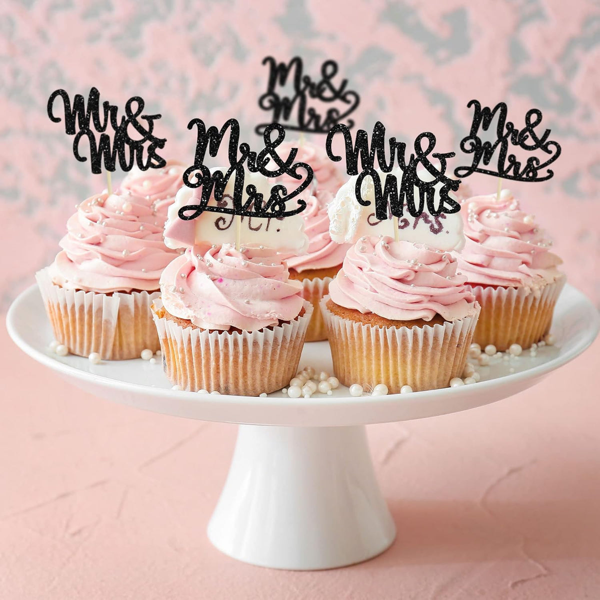 Gyufise 36Pcs Mr & Mrs Cupcake Toppers Glitter Bridal Shower Cupcake Picks for Wedding Engagement Theme Party Cake Decorations Supplies Black