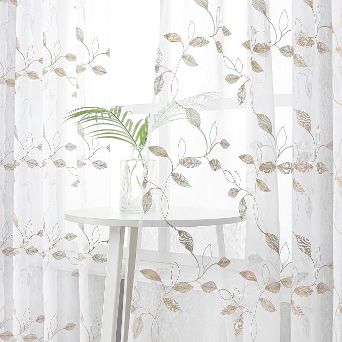 Tollpiz Taupe Leaf Sheer Curtains Bedroom 54 x 84 Inches | Leaves Embroidered - Image 2