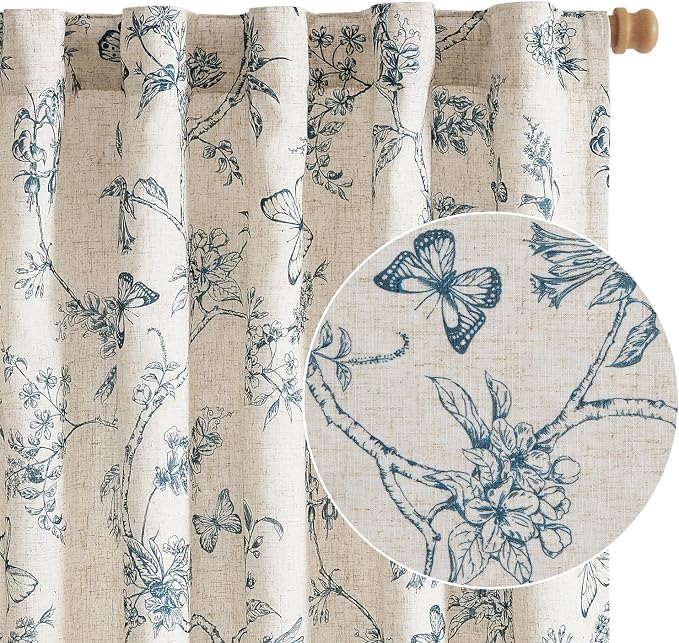 Blue Floral Linen Lined Curtains Rod Pocket 50W X 63L 2 Panels | Charlotte by Lazzzy