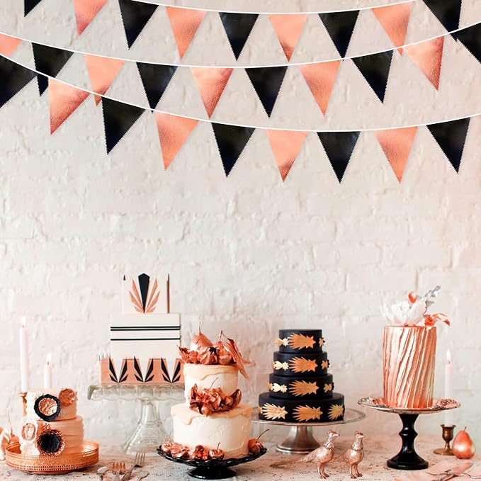 Black Rose Gold Party Decorations Triangle Pennant Banner Flag Rose Gold Black - Image 4