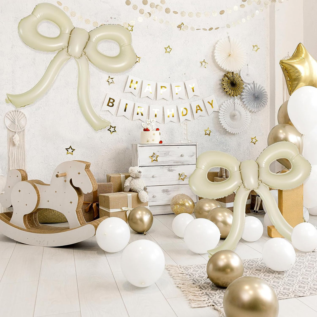 4 Pcs Bow Birthday Decorations Cream Bow Balloons for Girl Women Bow Themed Party Decorations Giant Foil Beige Balloons for Birthday Baby Shower Gender Reveal Wedding Decor Party Supplies