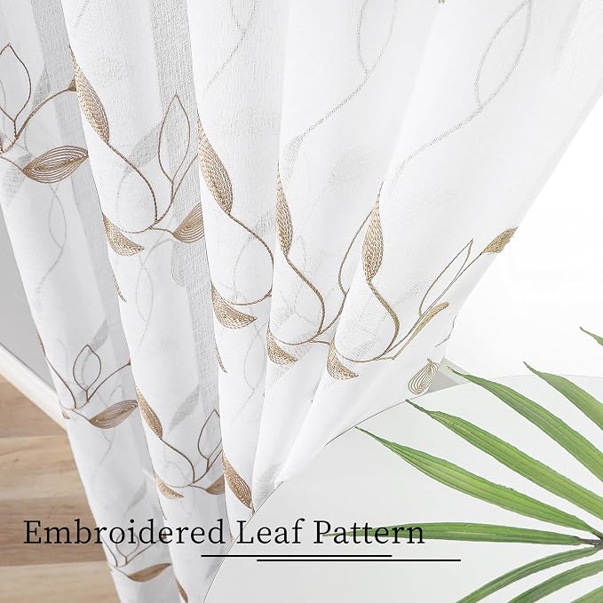 Tollpiz Taupe Leaf Sheer Curtains Living Room Short 54 x 45 Inches | Leaves - Image 3
