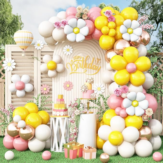 Daisy Balloon Garland Arch Kit, Retro Yellow Pink White Gold Hippie Boho by BTZO