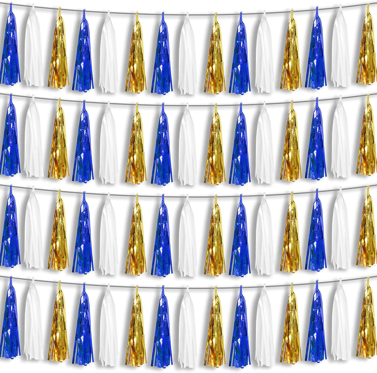 4P Navy-Blue White-Gold Foil Fringe Metallic Tassel-Garland, Tassels Banner Streamers for Parade Floats, Bachelorette, Wedding, Birthday, Halloween, Christmas, Bridal/Baby Shower Party Decorations