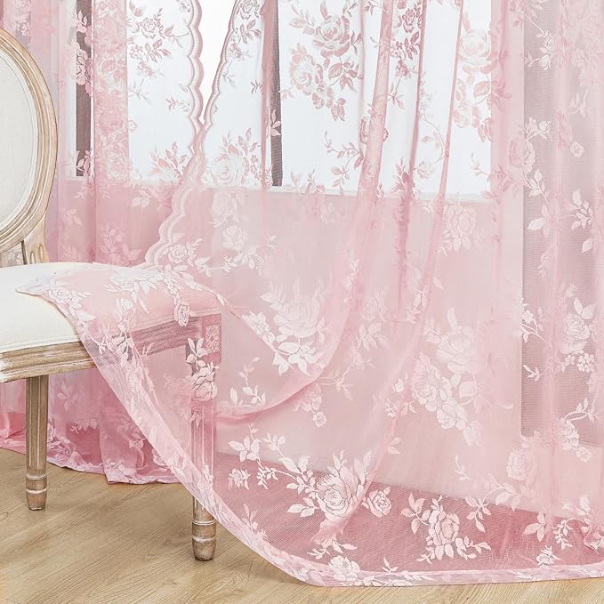 Light Pink Lace Curtains 63 Inch Length 2 Panels set Romantic Flower Sheer - Image 5