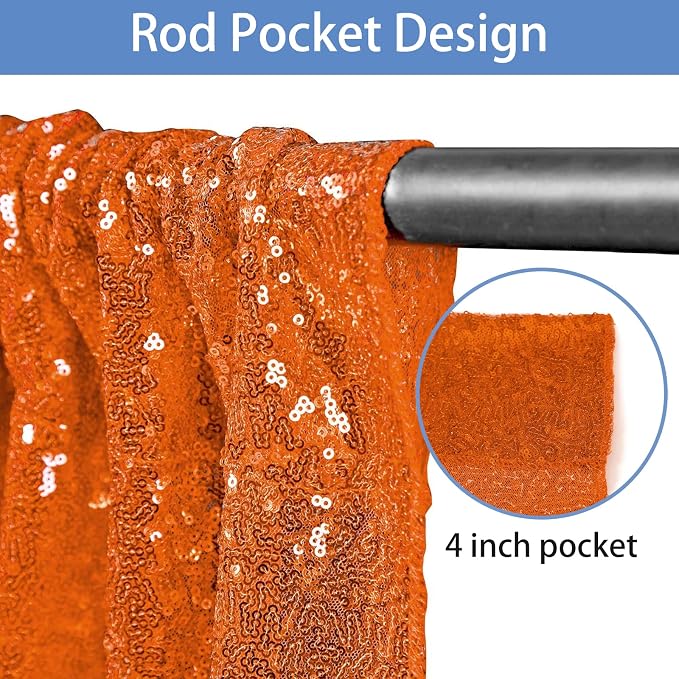 Hahuho Orange Sequin Backdrop Curtain, Party Decoration（2 Panels, 4FT x 8FT - Image 2