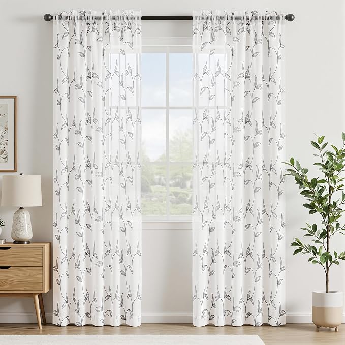 Sheer Curtains Boho Leaf Floral Embroidered Grey 54Wx102L | Light Filtering - Image 2