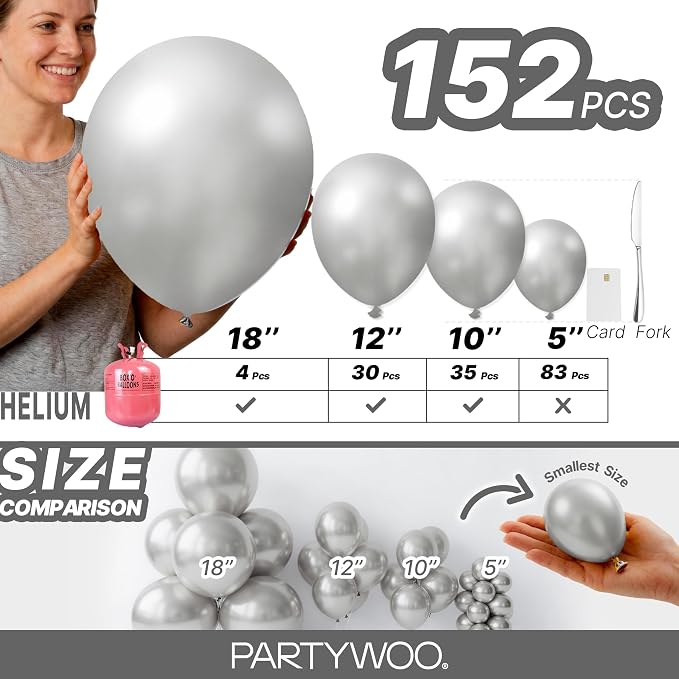 PartyWoo Silver Balloons 152pcs Different Sizes of 18 12 10 5 Inch | Balloons - Image 6