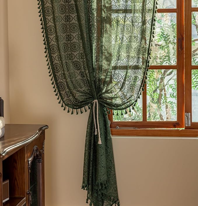 YJ YANJUN Boho Lace Curtains, Dark Green, 2 Panels | Vintage Floral Crochet - Image 4
