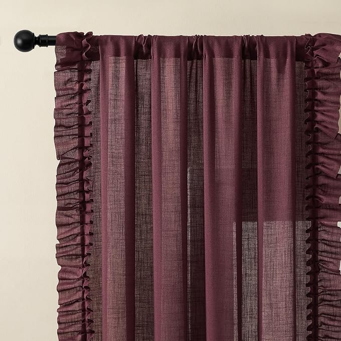 Burgundy Farmhouse Curtains for Bedroom Boho Chic 58 x 84 Inch, 2 Panels | Rod - Image 3