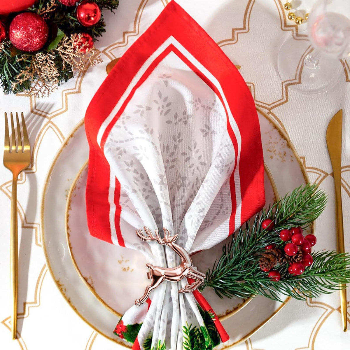 ZeeDix Set of 8 Rose Gold Elk Chic Napkin Rings for Christmas Dinning Table Setting-Wedding Receptions, Christmas, Thanksgiving and Home Kitchen for Casual or Formal