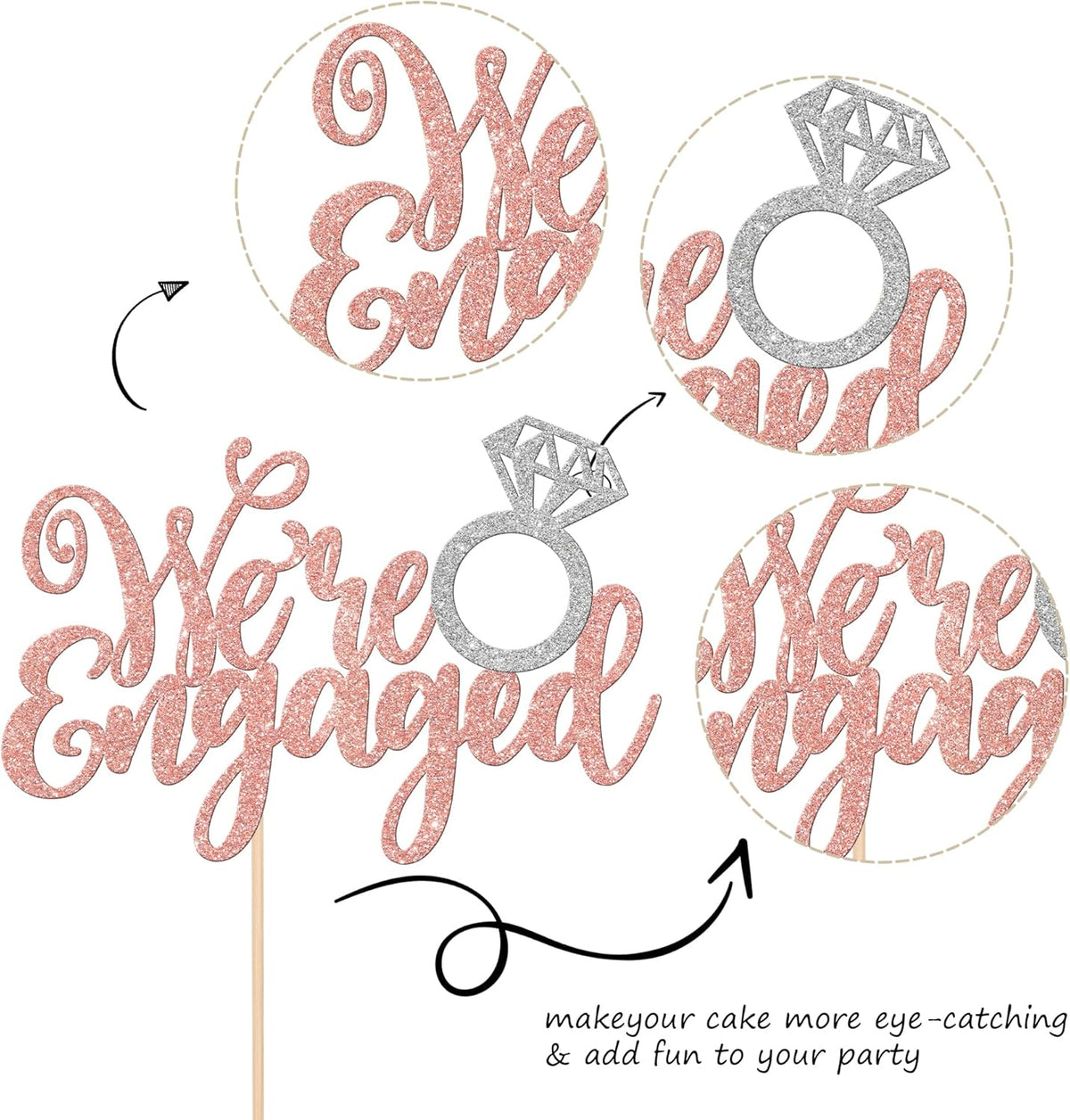 1 PCS We're Engaged Cake Topper Glitter Diamond Ring Wedding Engagement Cake Pick for Wedding Bridal Shower Theme Party Cake Decorations Supplies Gold