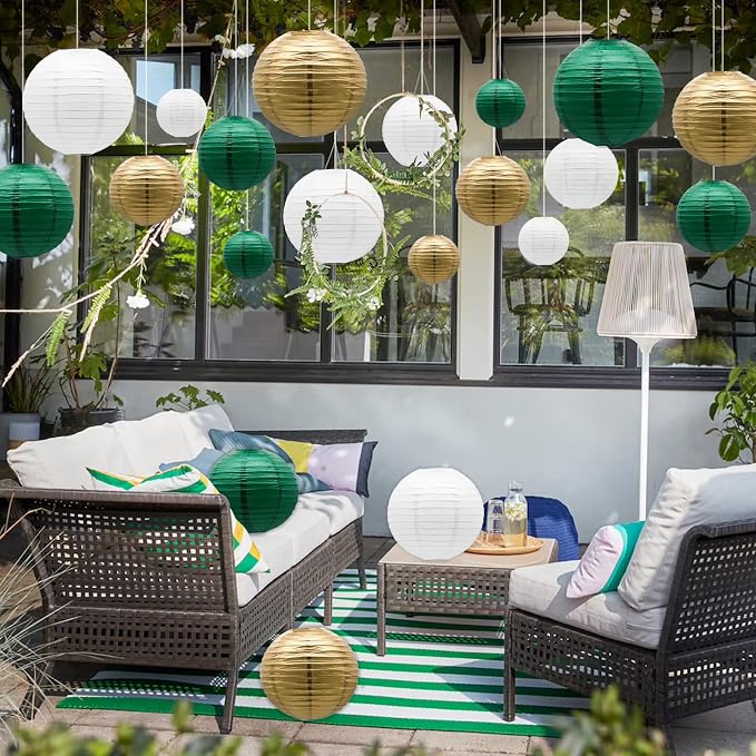 Green Gold Paper Lanterns Party Decorations, Round Hanging Lantern - Image 6
