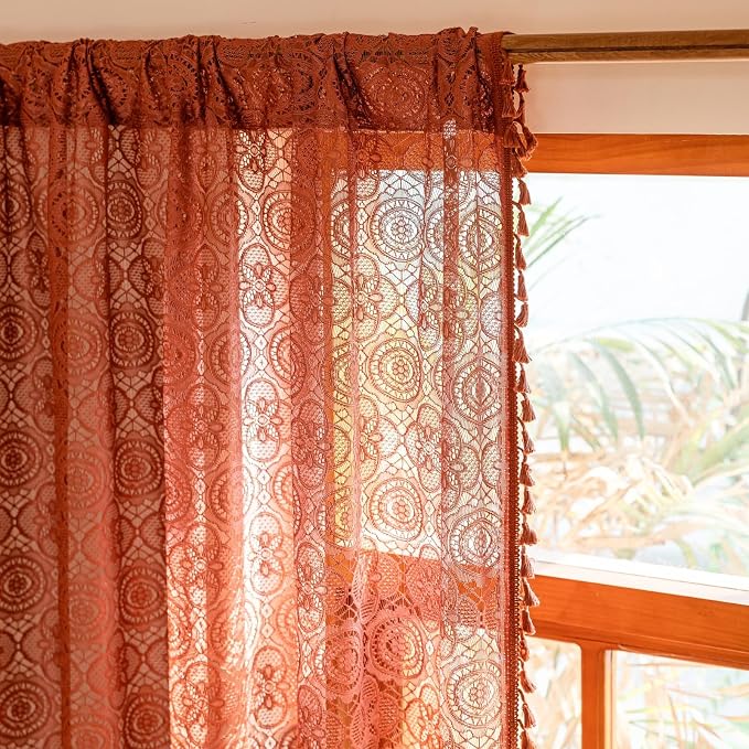 YJ YANJUN Boho Lace Sheer Curtains, Burnt Orange Terracotta, 59x63 inches | 2 - Image 4