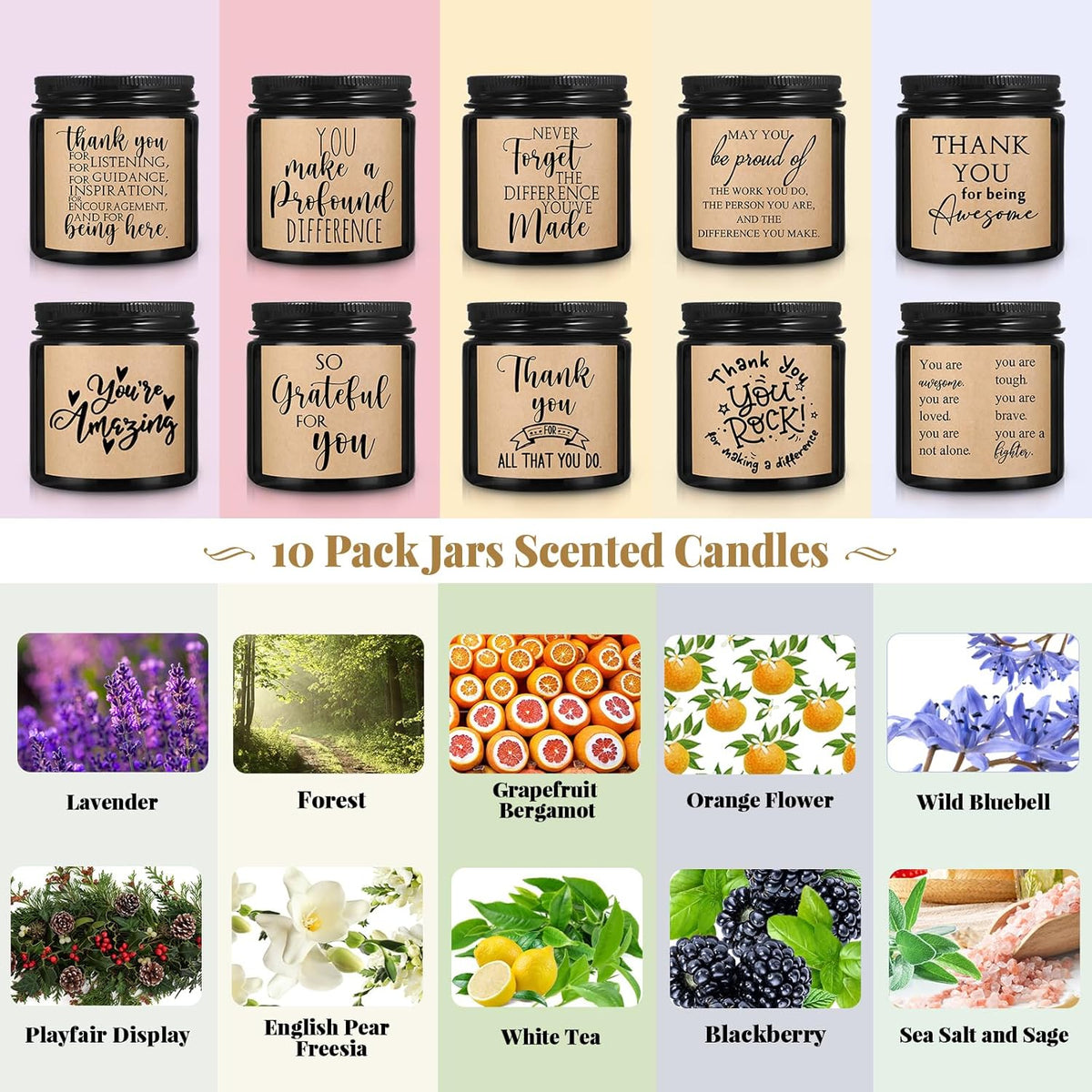 Roowest 10 Jars Thank You Gift Candles 3.5 oz Employee Appreciation Gifts Bulk Soy Wax Jar Inspirational Candle Thank You for Coworkers Employee Women Teacher Volunteers(Black,Classic Style)