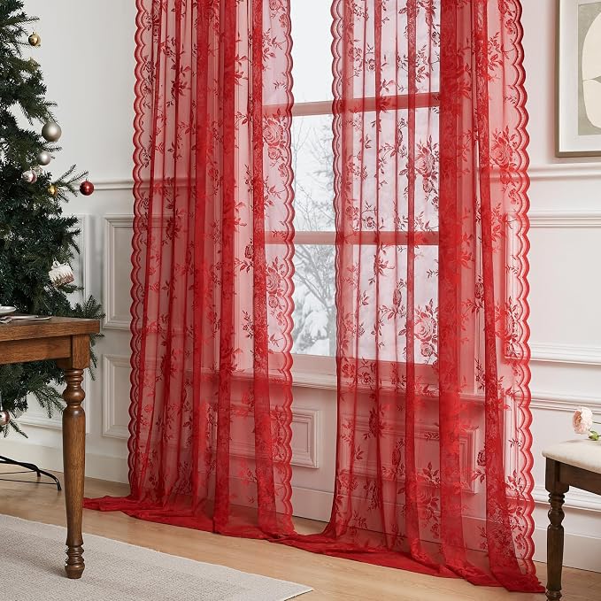 Red Lace Curtains 84 Inches Long 2 Panels - Image 3