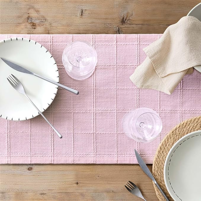 Linen Checked Farmhouse Table Runner, 13x108 Inches Pink | Raised Grid Design - Image 7