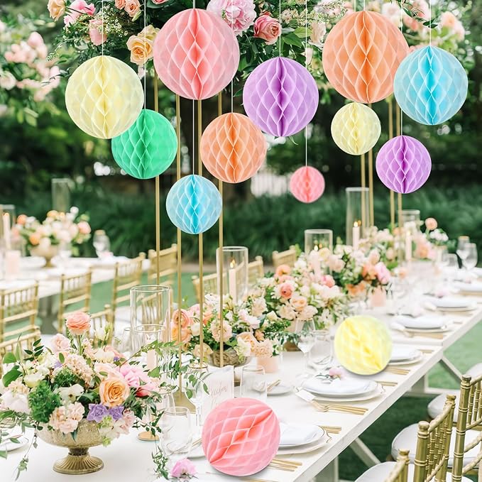 SUNBEAUTY 16Pcs Pastel Honeycomb Decorations 8'' Pastel Rainbow Hanging - Image 7