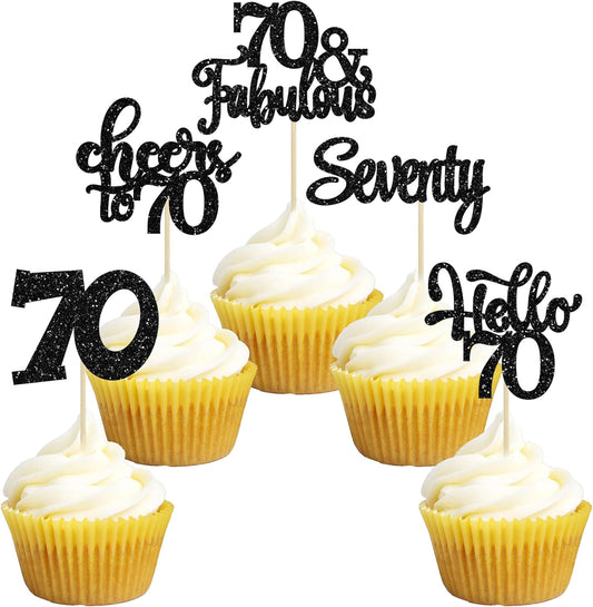 30Pcs Happy 70th Birthday Cupcake Toppers Seventy Cheers to 70 Years Old Birthday Cupcake Picks for 70th Birthday Anniversary Party Cake Decorations Supplies Black Glitter