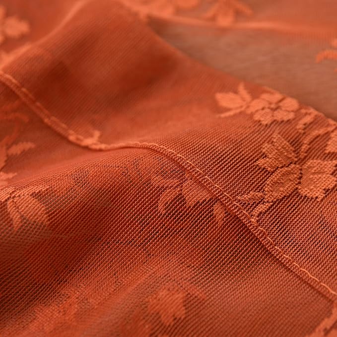 Kotile Burnt Orange Sheer Floral Curtains - Image 7