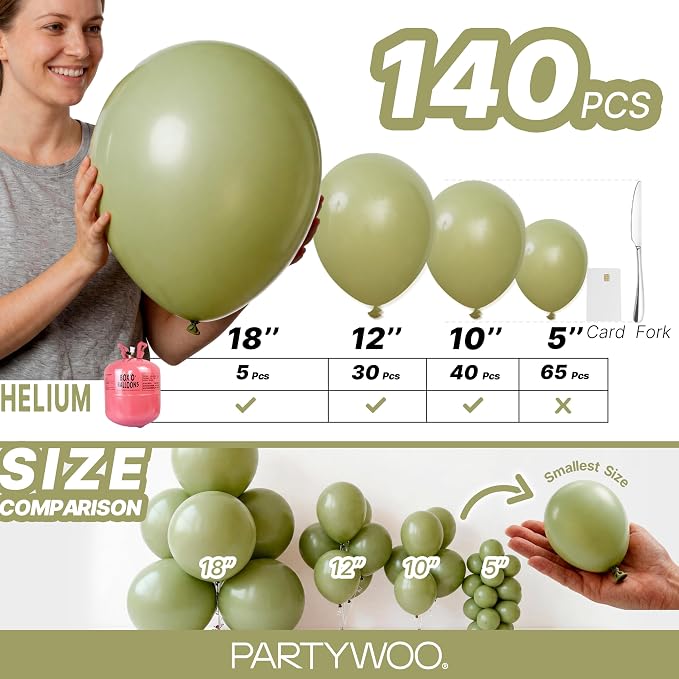 PartyWoo Sage Green Balloons 140pcs Olive Boho Green Color 18 12 10 5 Inch | 18 - Image 6