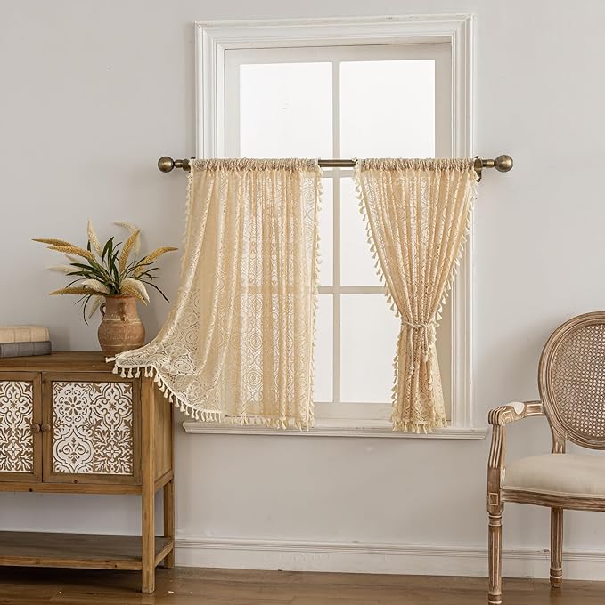 YJ YANJUN Boho Lace Curtains 30 inch Length 2 Panels, Vintage Floral Crochet - Image 3