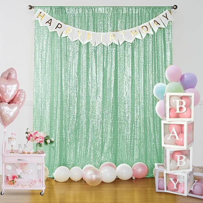 Sugargirl Mint Green Sequin Backdrop Curtain 2 Panels 2FTx8FT Glitter Mint - Image 2