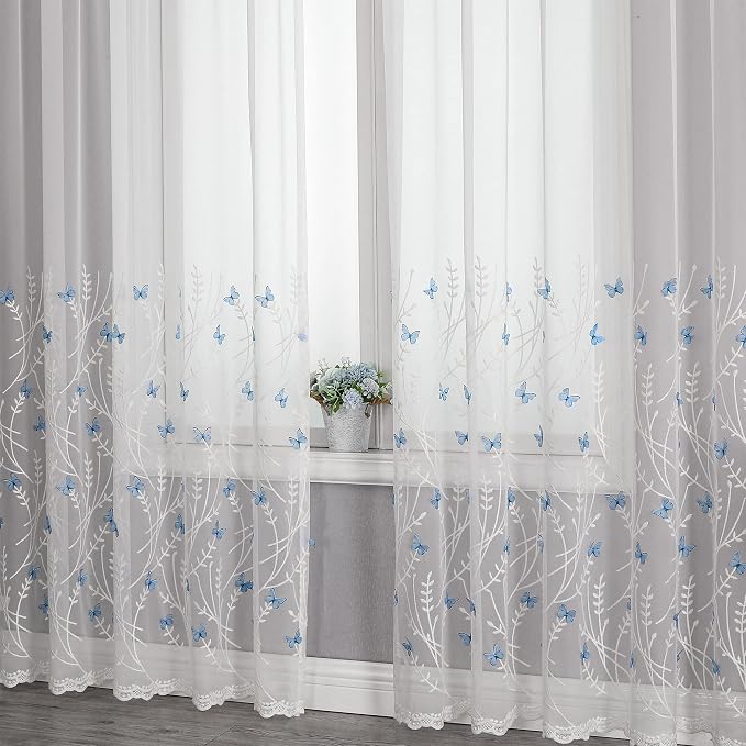 White Sheer Voile Curtains White Embossed Butterflies 84 Inches | Light - Image 8