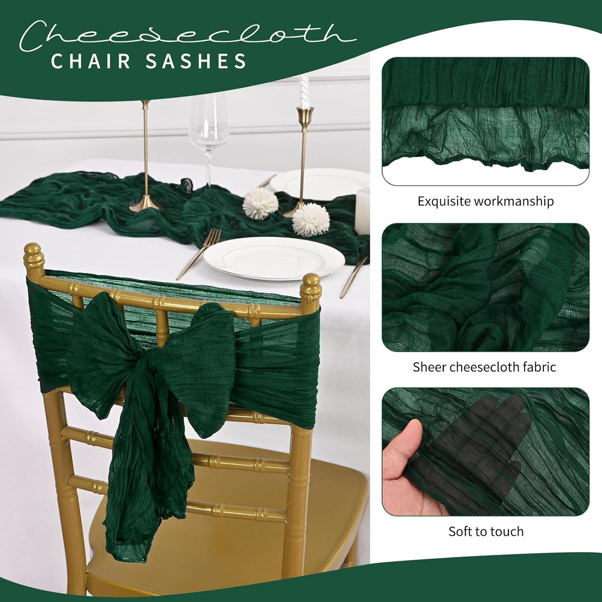 50 PCS Cheesecloth Chair Sashes, Bows Designed ChairSashes, 15.7x70 inch Chair Sashes for Aisle Decorations Universal Chairs Cover Decoration for Wedding Reception Party Banquet (Emerald Green)