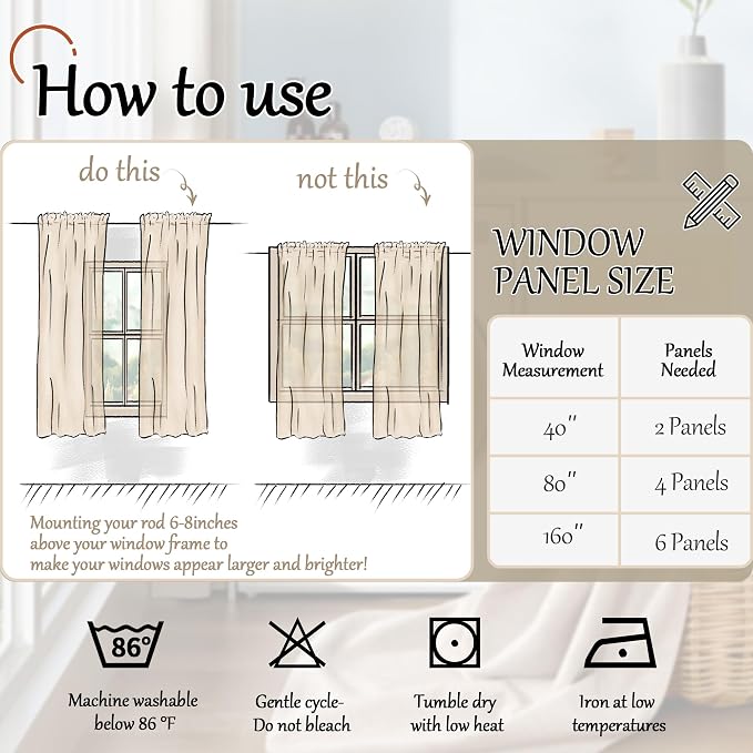 Sheer Curtains 45 Inch Length 2 Panels Set, Floral Patterned Linen Look - Image 8