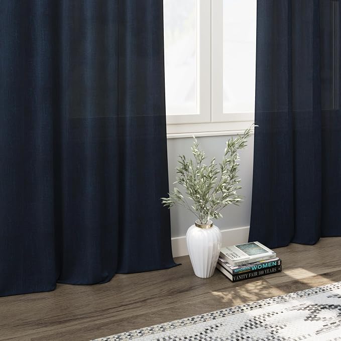 Navy Blue Linen Curtains for Living Room 2 Panels Set Extra Long Back Tab Light - Image 6