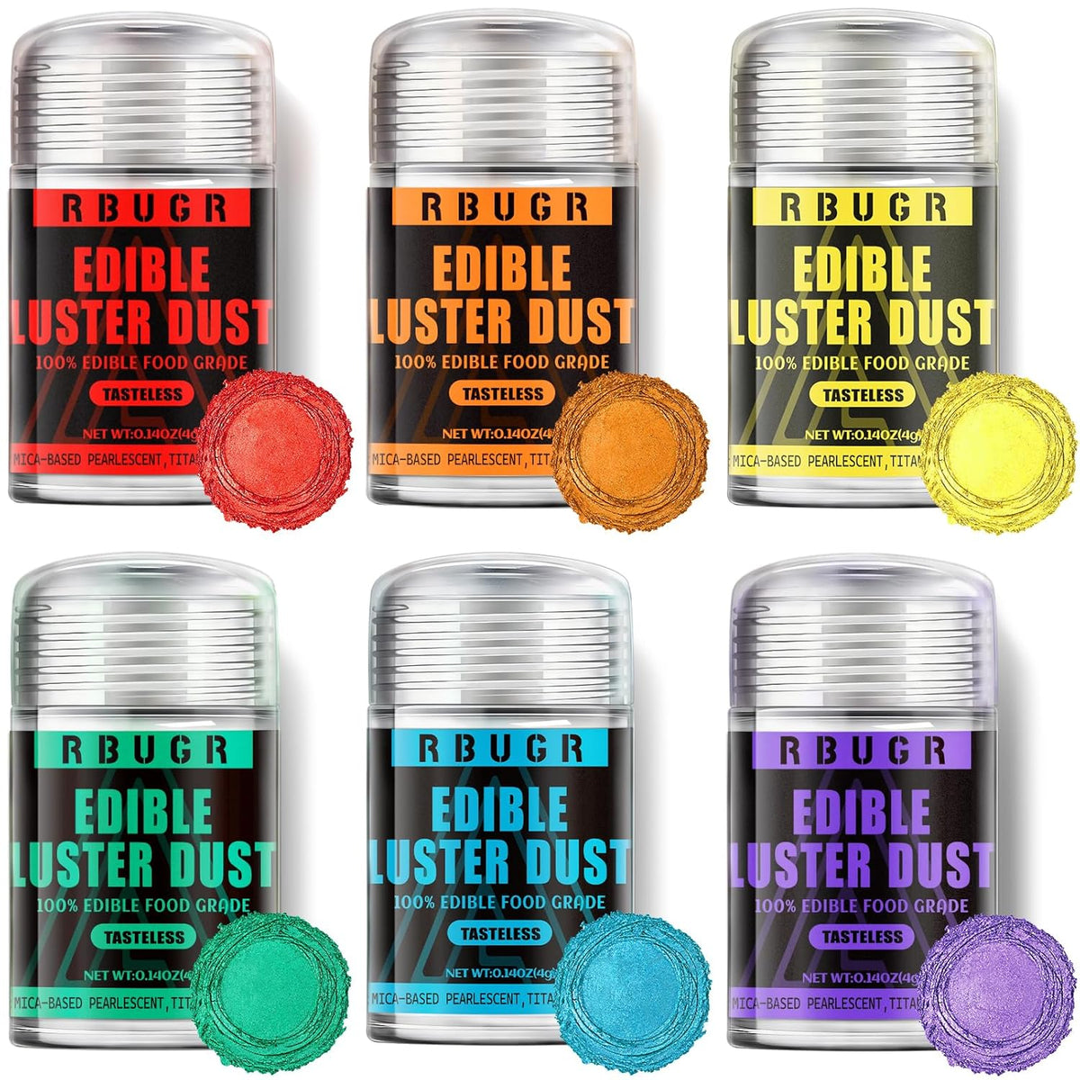 RBUGR Edible Glitter Set, 6 Colors Edible Luster Dust, Food Grade Drink Glitter Edible Dust, Sprinkles Cocktail Glitter, Shimmering Powder Glitter for Fondant, Candy, Vegan Cake Decorating（4g/0.14oz）
