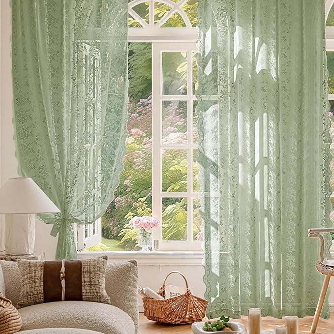 Anmao Vintage Sage Green Lace Curtains 54 Inches Long 2 Panels Sets, Romantic - Image 5