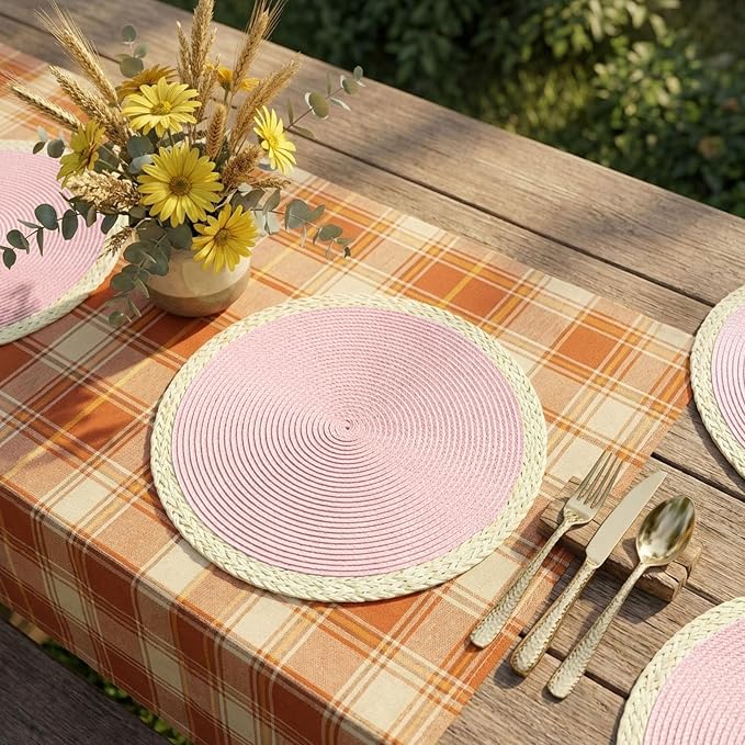 Round Placemats Set of 6, Woven Table Mats, Mint Pink | Braided Paper Edge - Image 4