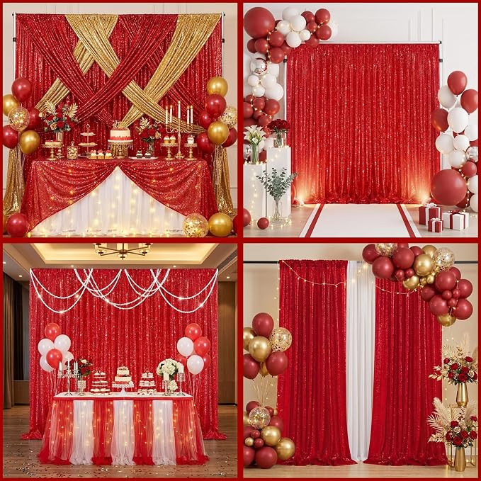 Red Sequin Backdrop Curtains Party Photo Glitter Drapes 2 Pcs 2FTx8FT | - Image 2