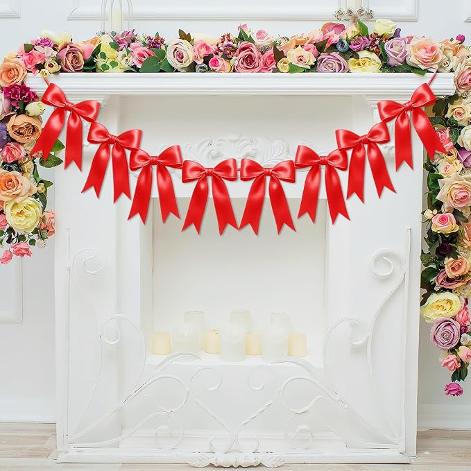 2 Strings of 16PCS Red Bow Garlands Banner Decoration, Pre-Strung Satin Ribbon - Image 7